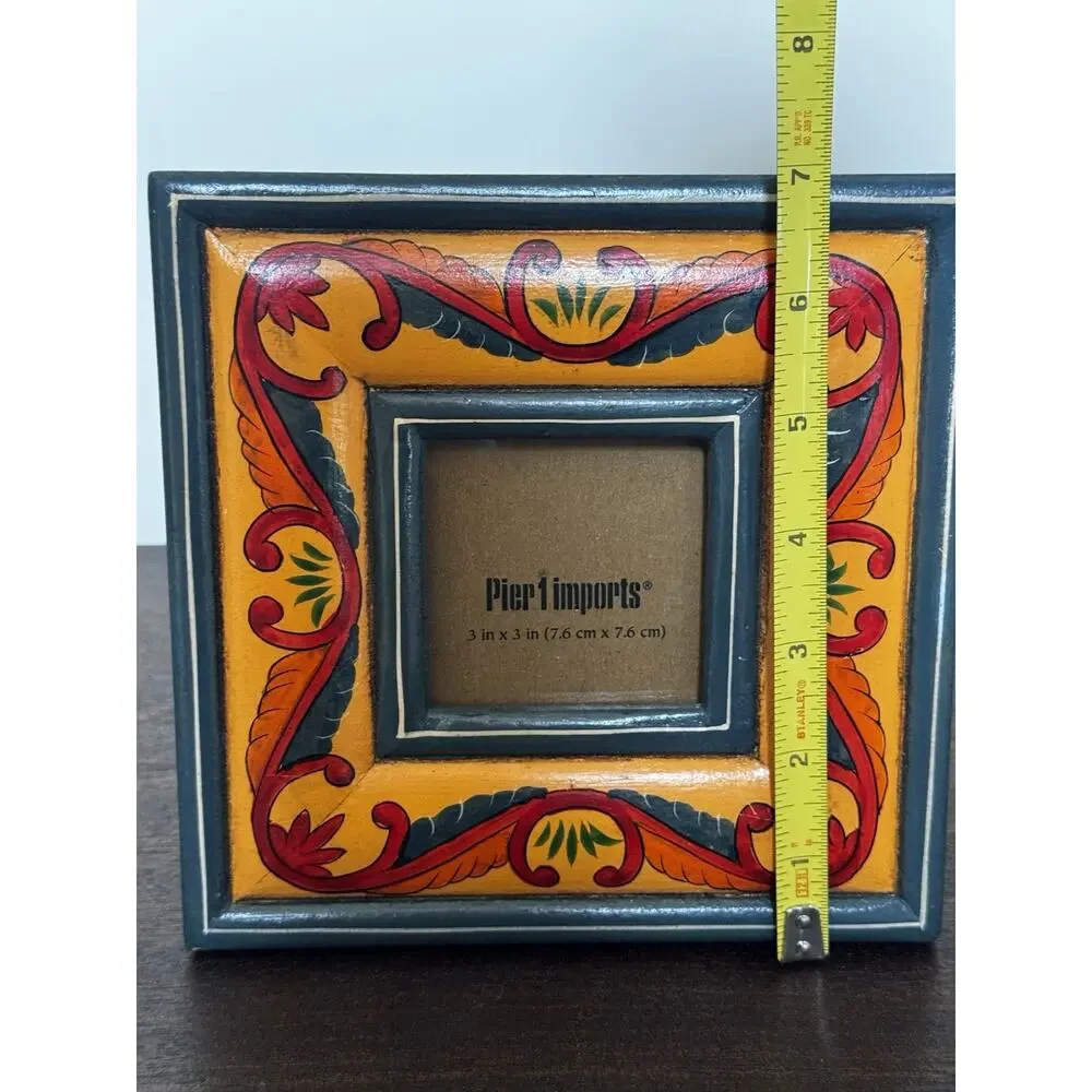 Pier 1 Imports Wooden Picture Frame Square Folk Art Boho Colorful Distressed